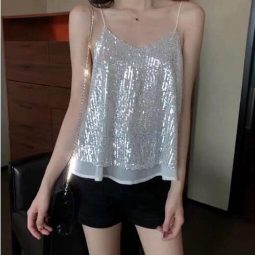 New Sexy Glittering Sequined V-neck Camisole Womens Short Loose Top Bottoming Shirt Tops for Women