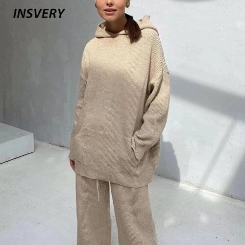 New Knitted 2 Piece Set Women Casual Hooded Long Sleeve Sweatshirt Pants Set 2021 Autumn Winter Sport Tracsuit Female