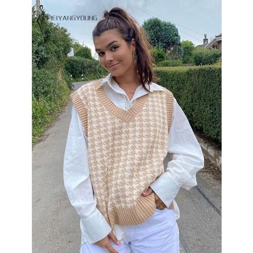 MEIYANGYOUNG Houndstooth Oversized Knitted Vest Women Sweater Sleeveless Vintage Sweaters Female V Neck Waistcoat Chic Tops 2021