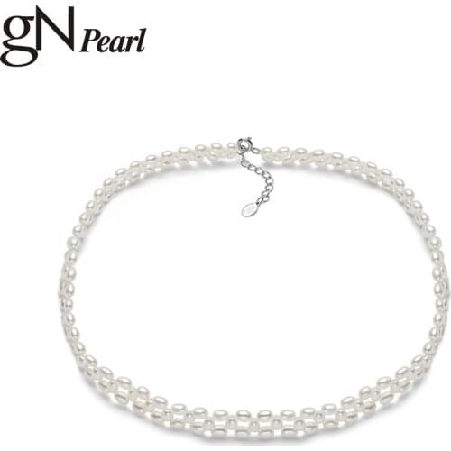 GN Pearl Oval Pearl Choker Necklace 3-3.5mm Natural Freshwater Pearls Chain gNPearl Fine Jewerly for Women Wedding Gift