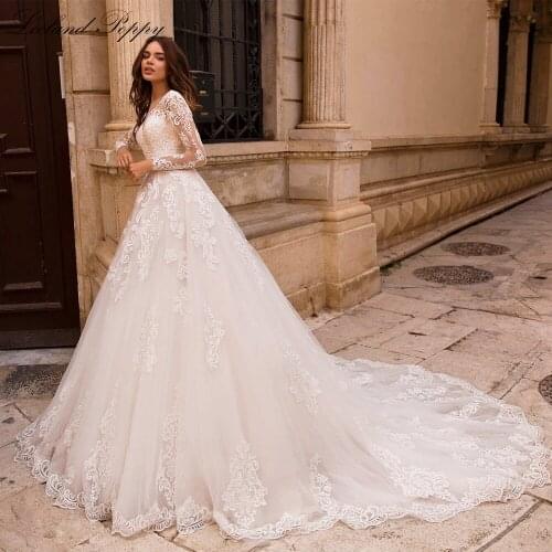 Lceland Poppy A-line V-neck Wedding Dresses 2021 Fulll Sleeves Lace Appliques Vestido de Novia Lace Bridal Gowns Chapel Train