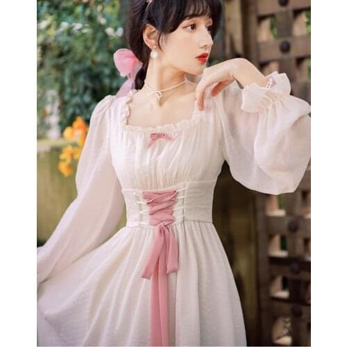 Vintage Bandage Fairy Dress For Slim Lady French Royal Court Style Bow Petal Sleeve Lolita Princess Dresses Mori Vestido Festa