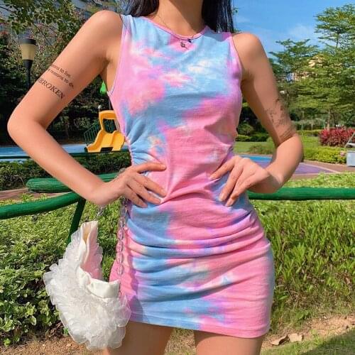 Women Party Sexy Dress Pleated Stretch Short Club Dress O Neck Knit Tank Short WomenS Summer Sleeveless Breathable Dresses