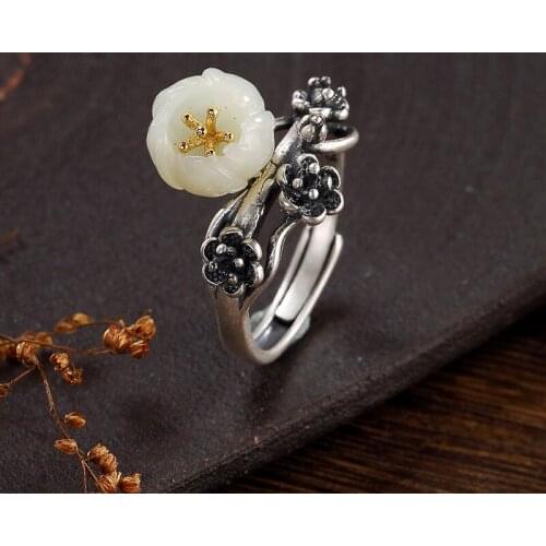 2018 Fashion Silver S925 Pure Silver Retro Natural Hetian Jade White Jade Inlaid Plum Blossom Lady Open Ring Ring Wholesale