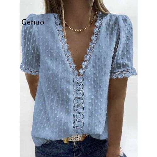 3XL Sexy V-Neck Lace Shirt Blouse Spring Summer Short Sleeve Ladies Shirt Casual Women Solid Pullover Tops Blusa Streetwear