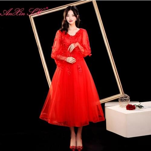 AnXin SH princess flower red lace illusion evening dress party vintage v neck long sleeve bride a line evening dress