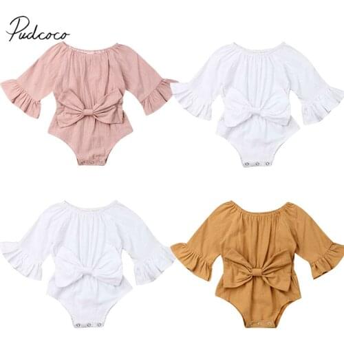 2019 Baby Summer Clothing Newborn Infant Baby Girl Bowknot Bodysuits Clothes Flare Long Sleeve Jumpsuit Bow Outfit Playsuits