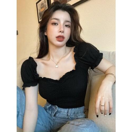 Women Sexy Crop Tops T-Shirt Summer New V-Neck Short Puff Sleeve Folds Solid Black Elegant Chic Skinny Elastic Short Tees Female