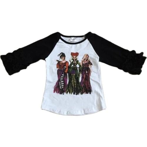 Girlymax Halloween Fall Baby Girls Icing Sleeve Witch Print Boutique Top T-shirts Raglans Cotton Children Clothes Kids Clothing
