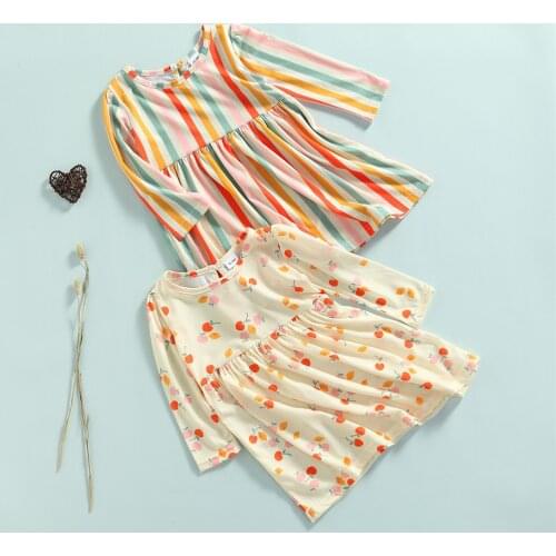 2021 0-6Y Sweet Toddler Girls Dress Spring Fall New Cherry/Striped Print Long Sleeve O Neck A-line Dress Casual Clothes