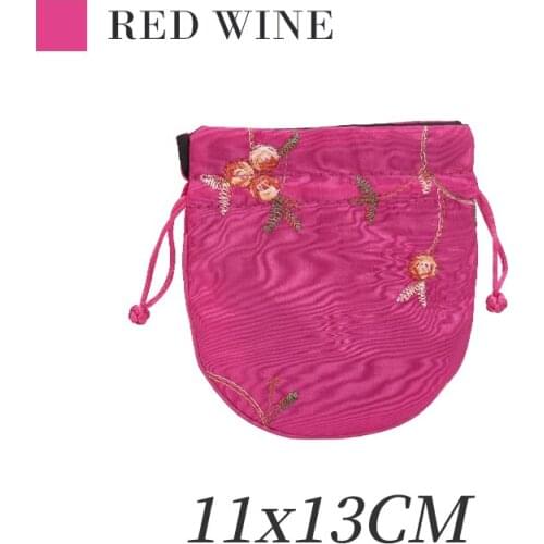 New Rose Red Brocade Drawstring Jewelry Storage Handbag With Classic Chinese Flower Embroidery For Femal Jewellery Packaging Bag