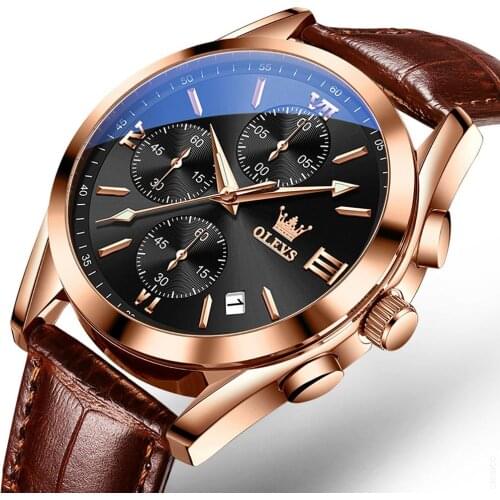 OLEVS New Mens Fashion Watch With Brown Leather Strap Quartz Movement Sports Waterproof 2021 New Watch Mens Gifts