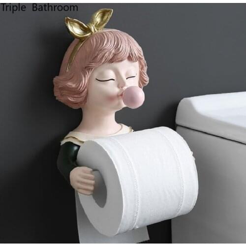 Punch-free Cartoon Girl Toilet Paper Holder Resin Tissue Bracket Roll Paper Shelf Bathroom Accessories Paper Towel Towel Storage