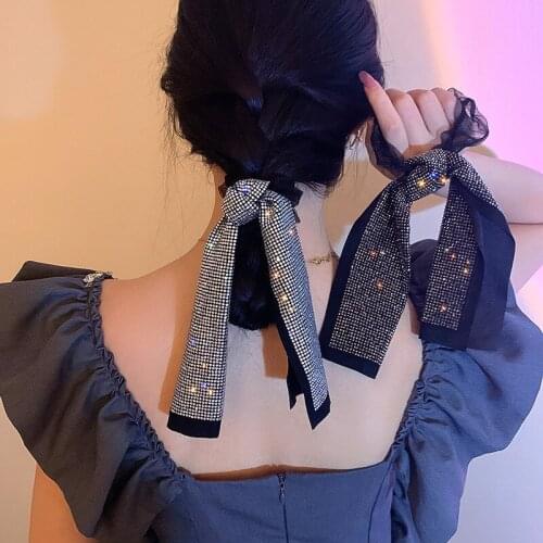 Fashion Black Stitching Inlaid Rhinestone Bow Knot Hair Rope Temperament Personality Hair Ring Simple Hair Accessories Women