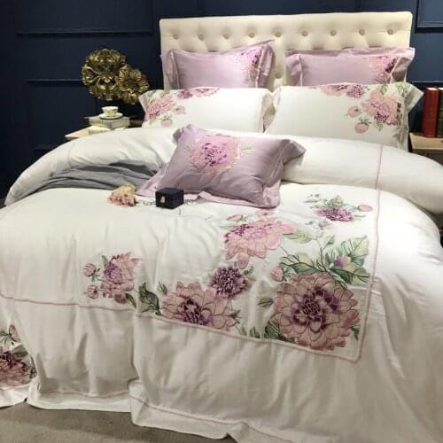 100% Egyptian Cotton Embroidered Luxury Royal Bedding Set 4/6Pcs King Queen Duvet Cover Bed Sheet set Pillowcase white flower