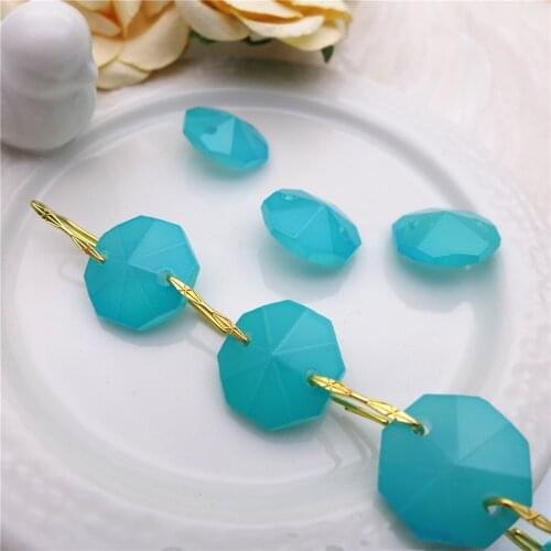 14mm octagon beads pendant glass prisms chandelier parts accessories DIY jewelry 2 holes connectors lamp drop turquoise 60pcs
