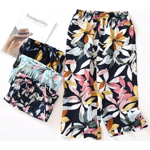Womens Pyjama Bottoms Summer Thin Cropped Pants Shorts Anti Mosquito Pants Rayon Printing Elastic Waist Calf-Length Pants