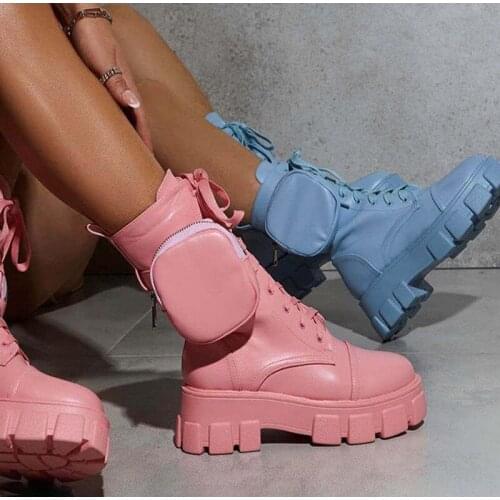 Womens Boots Pocket Lace Up Ladies Motorcycles Boots Female Combat Runway Buckle Strap Zipper Ankle Boot Women Platform Shoes