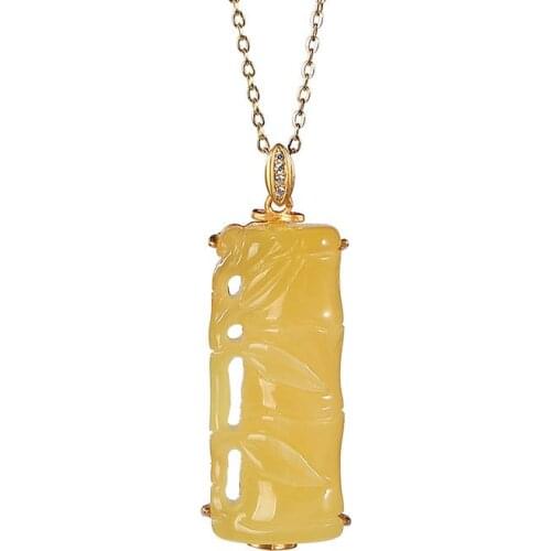S925 sterling silver gold plated Natural Amber Beeswax Pendant Retro Temperament Bamboo leaves Bamboo Joint Womens pendant