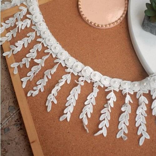 1 Meter 10 CM Width Leaves Tassels White Beaded Water Soluble Lace Trim Dangling Fringe Trimmings for Sewing Clothing DIY Crafts