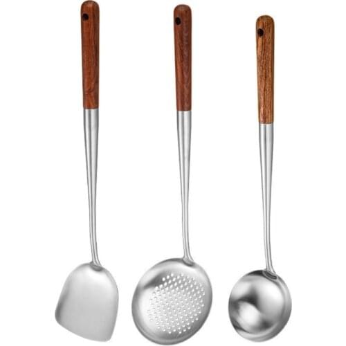 3Pcs Durable Portable Stainless Steel Cooking Utensils Kitchen Cookware Wok Spatula Spoon Skimmer Ladle Set