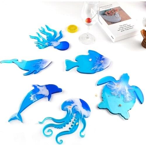 6Pcs Marine Organism Coaster Silicone Resin Molds Sea Turtle Dolphin Fish Octopus Tea Mat Ocean Coaster Molds Kit Tools
