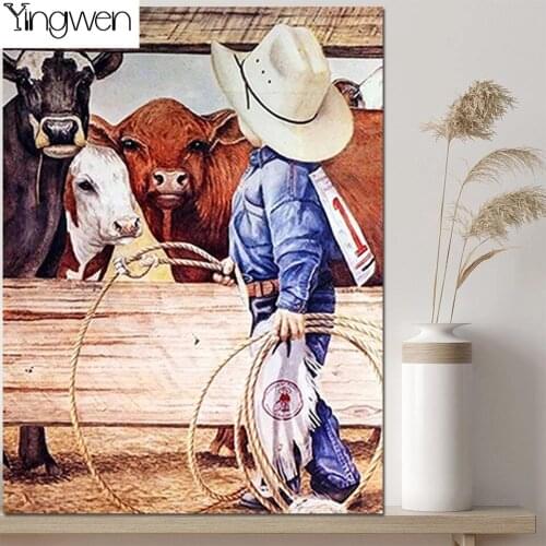 Diamond Mosaic Cowboy Boy Picture Rhinestones Cow Diamond Painting Animal Beads Embroidery Full Drill Children Room Decor Gift