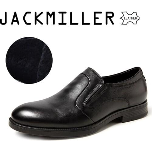 Jackmiller Top Brand Mens Dress Shoes Winter Warm Office Men Shoes High Quality Wool Lining Luxury Black Color Cow Leather