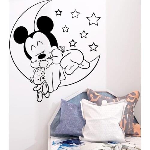 Disney Mickey Mouse Moon Stars Vinyl Wall Decal Good Sleeping Wall Sticker kids Baby Room Decor Nursery Bedroom Wall Mural