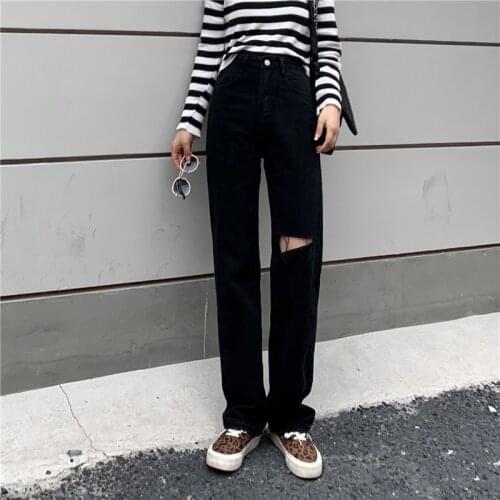 Black Ripped Hole Jeans Womens High Waist Comfortable Straight Loose Pants Ladies Office Wear Thin Wild Trousers Ins Streetwear