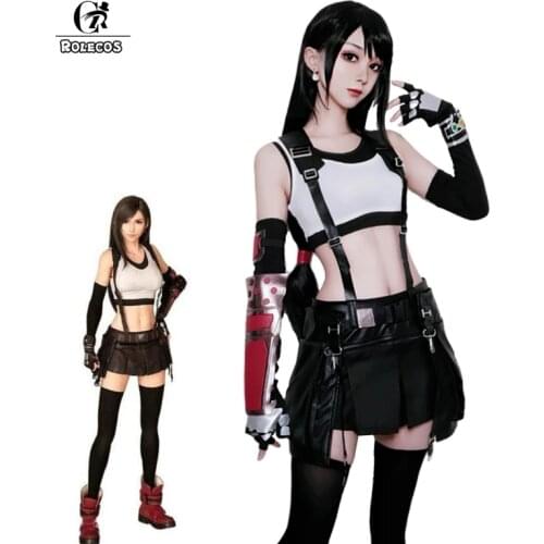ROLECOS FF VII Tifa Cosplay Costume FF7 Remake Game Cosplay Costume Halloween Sexy Overalls Skirt Gloves Stokings