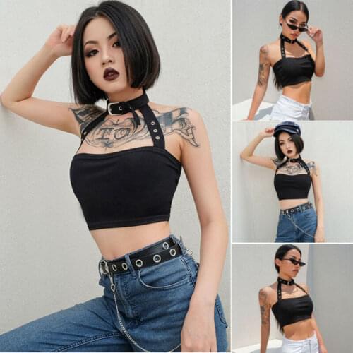 Punk Style Cool Women Ladies Sleeveless Strapless Club Fashion Motor&Biker Black Halter Camis Crop Tops