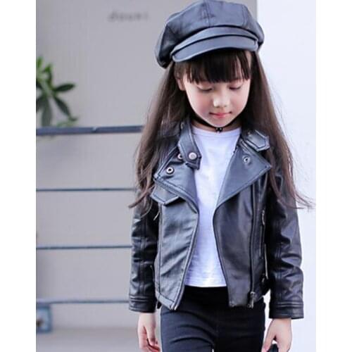 Girls Jacket pu Leather Zipper Jacket Autumn Fashion Solid Leather Coat Children Clothing Outerwear Girls 3-12Yrs HPY016