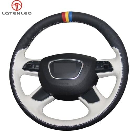 LQTENLEO Black White Genuine Leather Car Steering Wheel Cover For Audi A6 (C7) 2012-2016 Q3 2013-2017 Q5 2013-2017 Q7 2012-2015