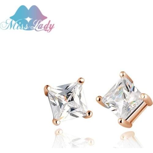 Miss Lady Rose Gold color Shiny Zircon square earrings OL Korean fashion jewelry stud earrings for Women 042Y4815