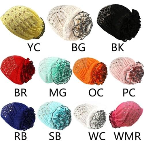 Floral Rhinestone Hijab Muslim for Women Fashion Lightweight Islamic Prayer Bandana Lace Turban Hats Stretchy Head Wrap