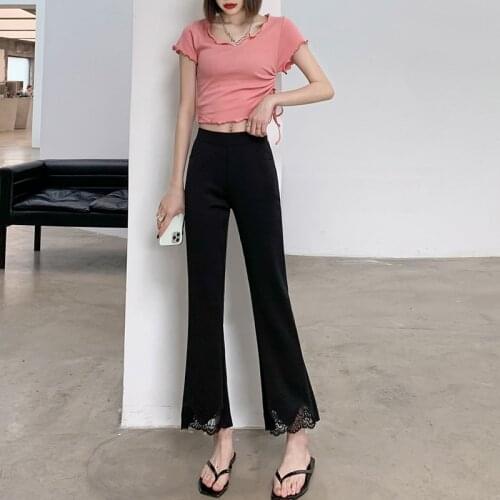 Fashion Flare Pants Women Lace Splicing Leggings Elastic High Waist Trousers Casual Black Boot Cut Female Bell Bottom Leggings
