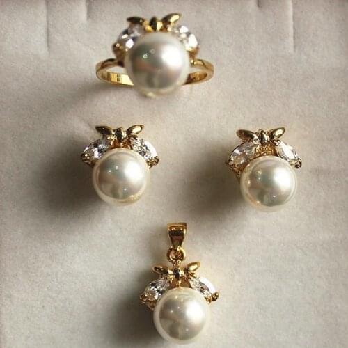 Fancy jewelry set 10mm white shell pearl,ring, pendant & stud earring