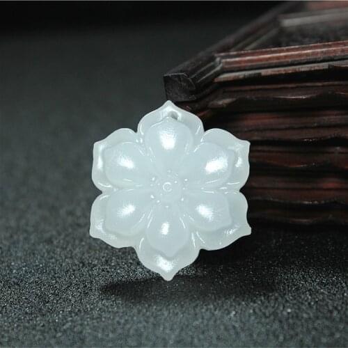 Natural White Jade Flower Pendant Necklace Chinese Hand-Carved Charm Jewelry Fashion Accessories Amulet for Men Women Gifts