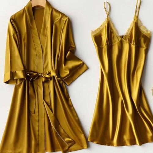 Faux Silk Nightdress 2PCS Robe Set Women Satin Sleepwear Sexy Kimono Bathrobe Gown Nightgown Lace Intimate Lingerie Loungewear