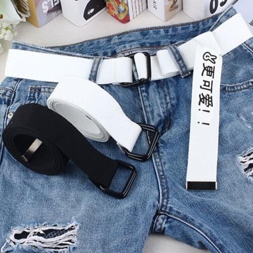 White Black Canvas Belt For Women Men Jeans Chinese Characters Personality Double Ring Buckle Belt Casual white Waistband Z3