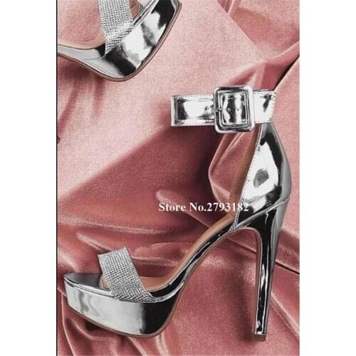 Women Luxurious Bling Bling Silver Patent High Platform Rhinestone Stiletto Heel Sandals Ankle Strap Buckle Crystal High Heels