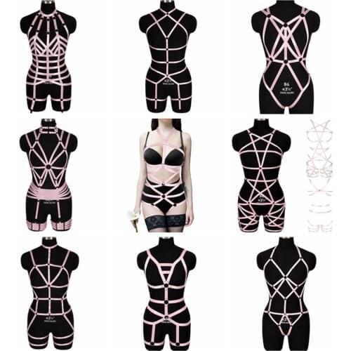 Sexy Original Design Set Pink Collar Bow Harness Bra Kawaii Open Chest Bondage Body Cage Body Harness Belt Pastel Gothic Garter