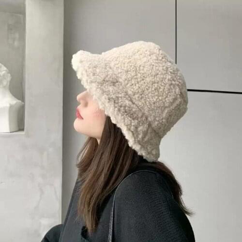 Luck A Winter Lambswool Faux Fur Bucket Hat Bob Women Korean Warm Soft Cap Ladies Thick Velvet Panama Girl Outdoor Fisherman Hat