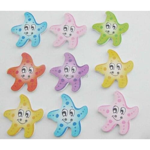 WBNKOE 100pcs Sea star smile baby clothes buttons multicolors printed wood sewing button DIY craft scrapbooking Fit