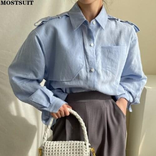 Casual Loose Pocket Women Shirts Tops New Autumn Lapel Long Sleeve Loose Single-breasted Solid Female Blouses 2021