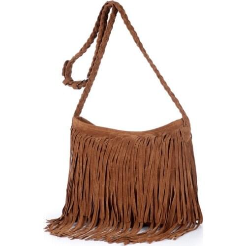 Womens Fringed Leather Shoulder Bag with Adjustable Knitting Strap Soft Ethnic Style PU Messenger Bag Solid Color XIN-Shipping
