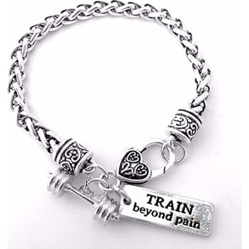 Fitness Dumbell Barbell Antique Silver Charm Bracelet "Train Beyond Pain"