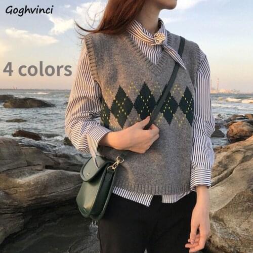 Sweater Vest Women Argyle 4 Colors Preppy Loose Autumn Vintage Y2K Leisure Cozy College Design Knitwear Ladies Basic Trendy Ins