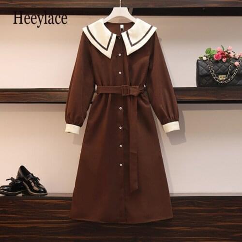 Plus size women elegant vintage dress autumn 2020 fashion Peter pan collar long sleeve a line long dresses women vestidos